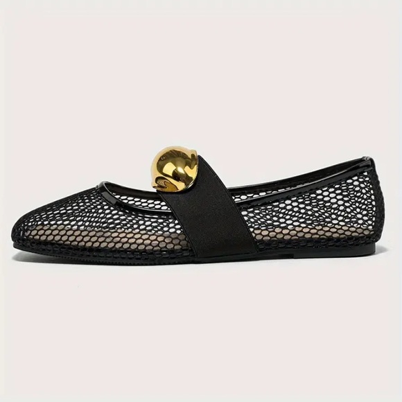 New Fishnet Mesh Ballet Flats Gold Metallic Buckle NWT Black Slip On Square Toe - Picture 5 of 9